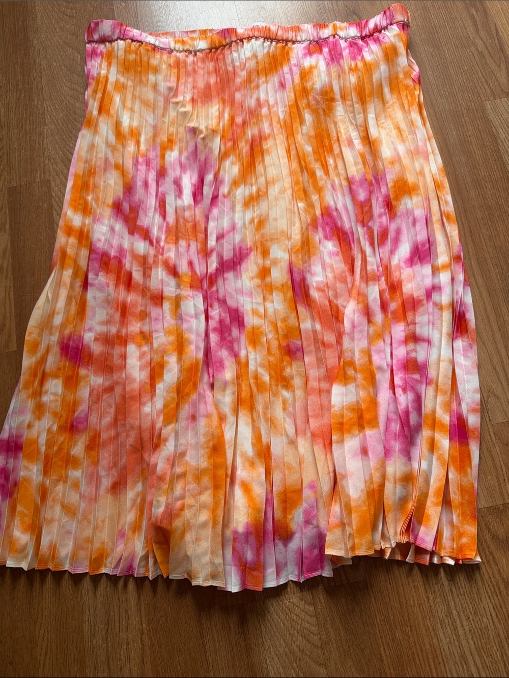 Calvin Klein Pleated Tie-Dye Midi Skirt in Orange & Pink
